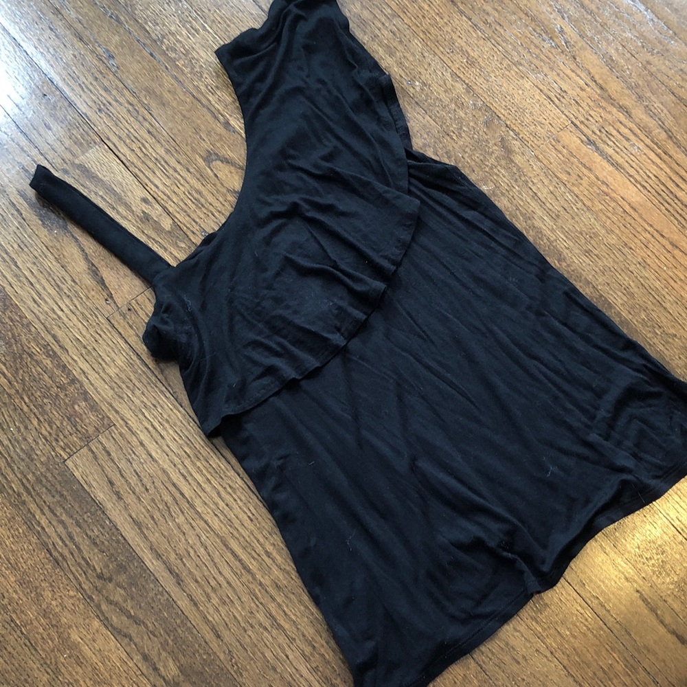 Asymmetrical One-Shoulder Ruffle Stretch Flattering Lightweight Black Blouse - Picture 3 of 5